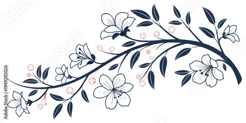 An intricate blue and white floral branch with delicate leaves and blossoms