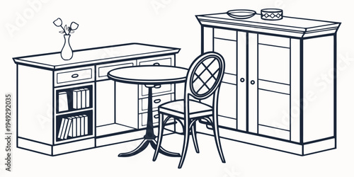 A cozy corner with a small table, chair, and a cabinet with a sink and shelves.