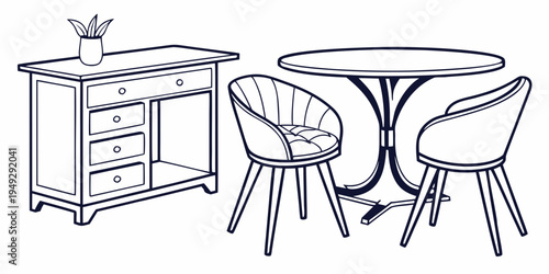 A vintage wooden desk with drawers and a set of modern chairs around a round table