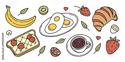 Assorted breakfast foods including fruits, pastries, and hot beverages