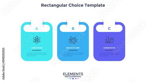 Business model with 3 rectangular frames placed in horizontal row. Concept of three features of startup project. Simple infographic design template. Modern flat vector illustration for presentation.