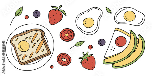 Assorted breakfast foods and fruits on a white background