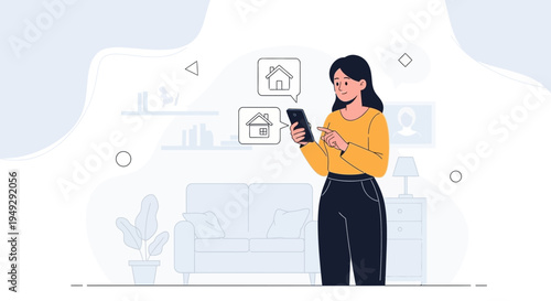 Woman Using Smartphone for Smart Home Control, House Icons on Screen