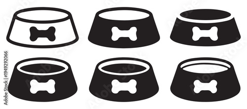 Dog bowl with bone symbol icon set, pet feeding dish silhouette. vector illustration eps 10