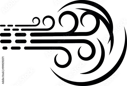 Wind icon with swirling lines in black and white graphic style for weather and nature representation.