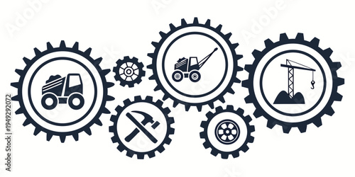 A collection of mechanical gears and tools in a circular arrangement.