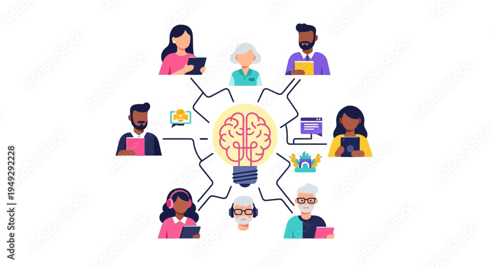 Fototapeta premium Diverse Team Brainstorming & Idea Generation. Collaborative Network with Central Lightbulb Brain, Illustrating Collective Intelligence & Innovation.
