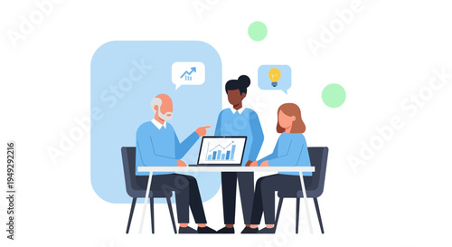 Diverse Business Team Collaborating, Analyzing Data for Growth & New Ideas. Flat Vector Illustration of Strategy Meeting.