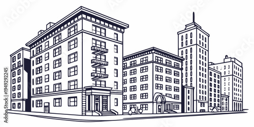 A detailed illustration of a historic cityscape with prominent buildings and architectural details