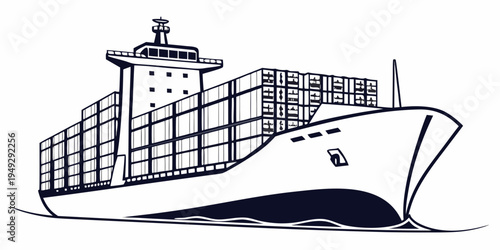 A large container ship sailing on the calm ocean with a clear sky.