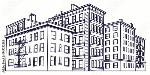A charming illustration of three tall, narrow buildings with intricate details and windows