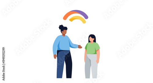 Inclusive Communication and Community Building. Diverse individuals connect under a symbolic network arc.