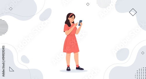 Young Woman in Red Dress Using Smartphone, Modern Abstract Background