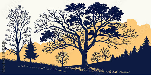 A serene landscape featuring a herd of elephants walking through a lush, green forest.