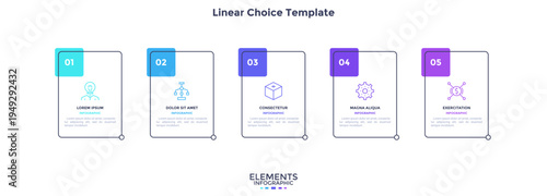 Five rectangular frames placed in horizontal row. Visualization of 5-stepped business process. Simple infographic design template. Flat vector illustration for presentation, report.