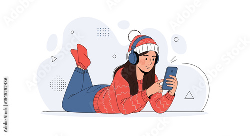 Young Woman in Winter Clothes Listening Music on Phone, Lying Down