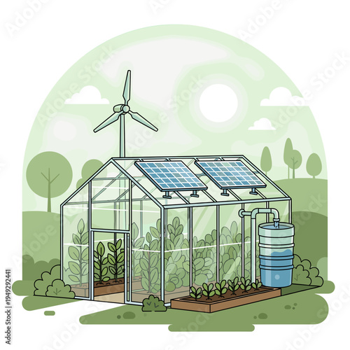 A sustainable greenhouse powered by solar panels and a wind turbine, featuring a water collection system and lush plant growth.