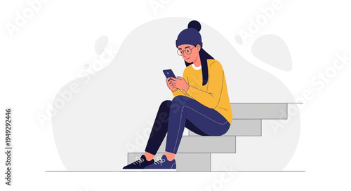 Young woman in yellow sweater and blue pants using smartphone while sitting on stairs