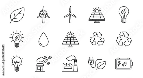 Renewable energy icons wind solar water and recycling symbols