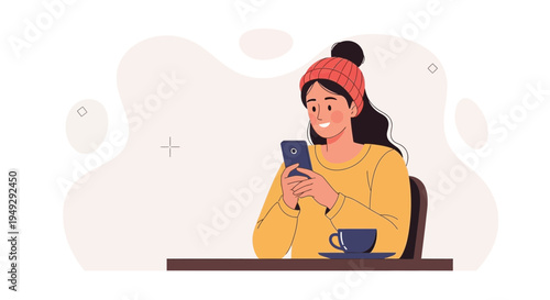 Young woman in winter hat using smartphone, enjoying coffee break, flat illustration