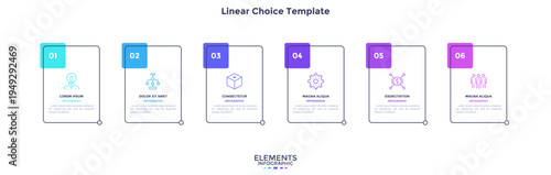 Six rectangular frames placed in horizontal row. Visualization of 6-stepped business process. Simple infographic design template. Flat vector illustration for presentation, report.