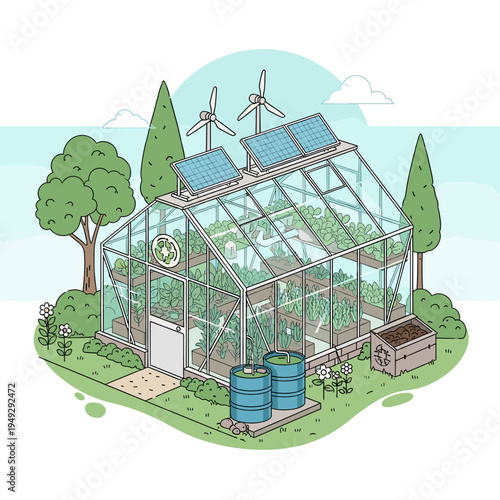 A sustainable greenhouse powered by solar panels and wind turbines, featuring water barrels and a compost bin, surrounded by lush greenery and trees.