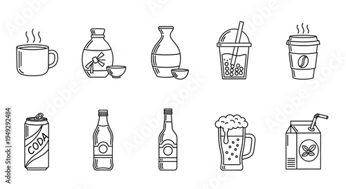 Collection of hand drawn beverage icons including coffee tea and soda