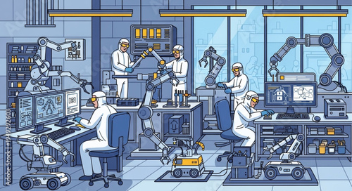 Scientists working in a high tech laboratory with robots.