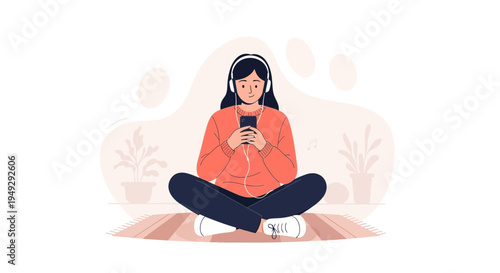 Young Woman Listening Music on Smartphone with Headphones, Sitting Cross-legged