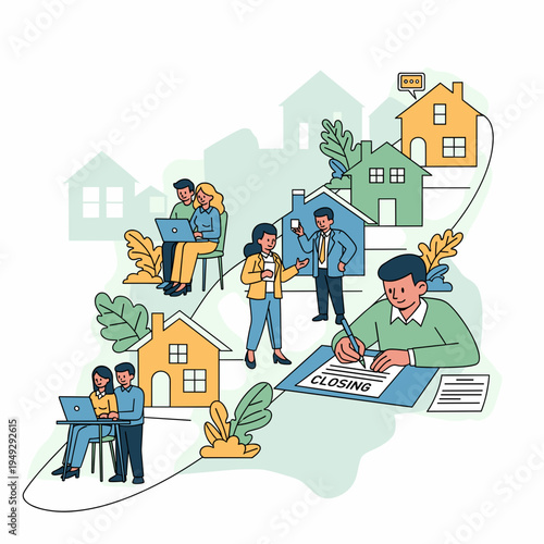 Illustration depicting the real estate process from property search and viewing to closing the deal with agents and clients.