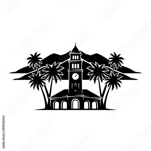 Striking monochrome graphic of a classic clock tower framed by swaying palms and scenic mountain peaks, symbolizing island charm and historic architecture