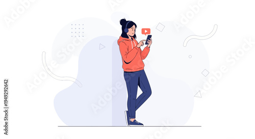 Young woman listening to music and watching videos on her smartphone