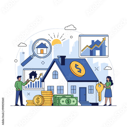Illustration of real estate investment, property market analysis, and home buying process with financial elements and people.