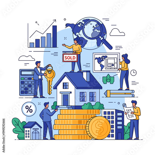 Illustration of real estate investment and property market analysis with people, houses, money, and charts.