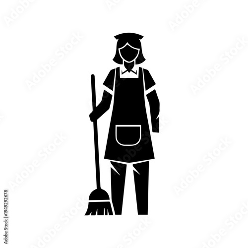 Cleaning lady with a broom, professional domestic worker and household help icon