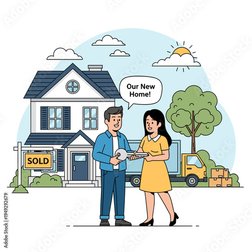 Happy couple receiving keys to their new house after a successful real estate purchase, with a moving truck in the background.