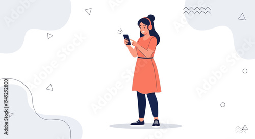 Young Woman Listening to Music on Headphones and Using Smartphone