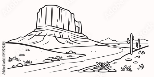 A serene landscape featuring a large rock formation and a winding road.