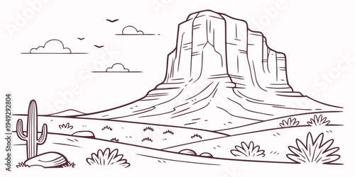 A serene desert landscape with a prominent rock formation and cacti