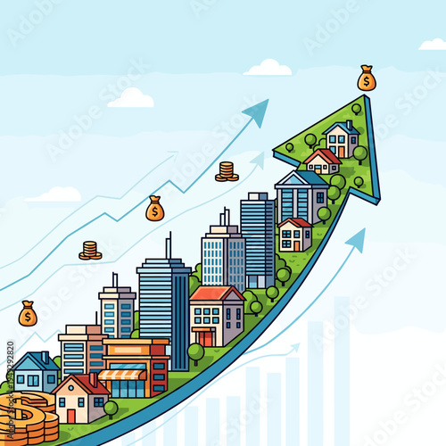 Illustration of a growing arrow shaped like a city skyline, symbolizing real estate market growth and financial success with coins and money bags.