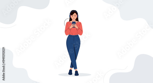 Young Woman Listening to Music on Headphones and Using Smartphone