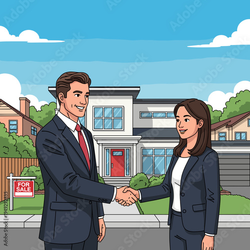 A smiling man and woman in business suits shake hands in front of a modern house with a "For Sale" sign, symbolizing a real estate transaction.