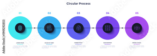Process chart with five connected colorful circles placed in horizontal row. Concept of 5 stages of startup development. Modern infographic design template. Flat vector illustration for report.