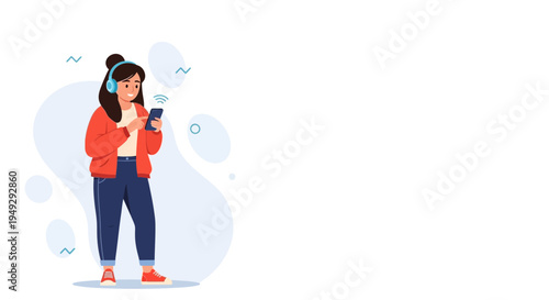 Young Woman Listening to Music on Headphones and Using Smartphone