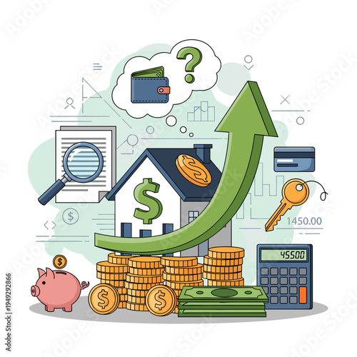 Illustration of financial growth and investment in real estate, featuring a house, money, and a rising arrow graph.