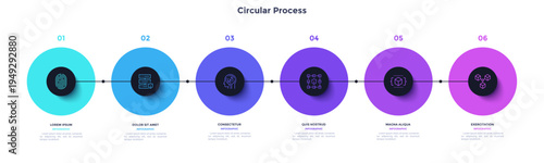 Process chart with six connected colorful circles placed in horizontal row. Concept of 6 stages of startup development. Modern infographic design template. Flat vector illustration for report.