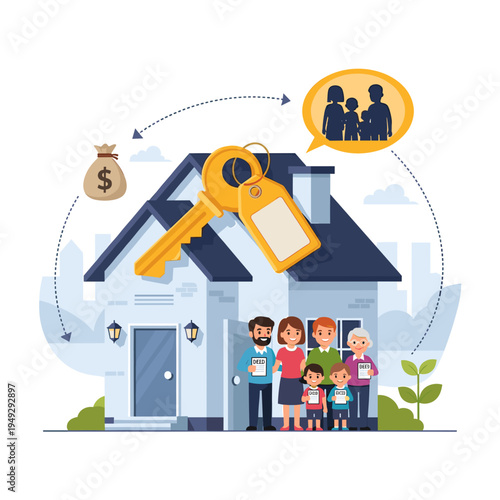 A happy family stands in front of their new home, with a large key and a money bag symbolizing homeownership and financial investment.