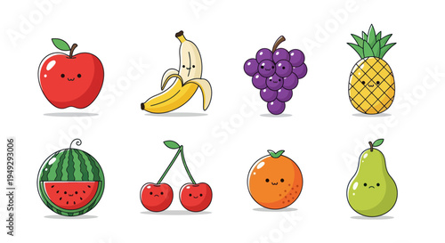 Cartoon fruits apple banana grapes pineapple