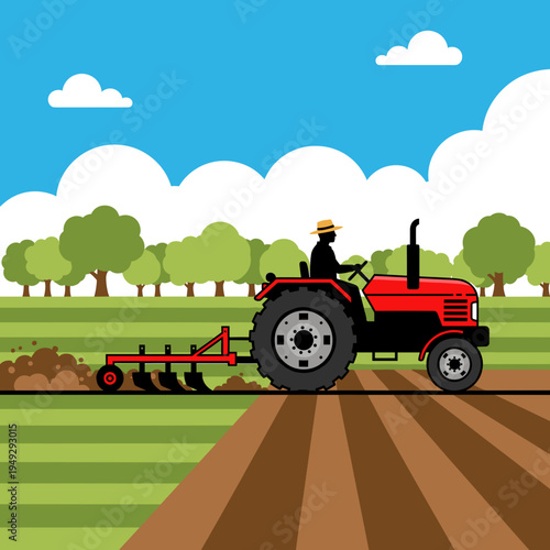 A farmer in a straw hat drives a red tractor, plowing a field under a blue sky with white clouds and green trees in the background.