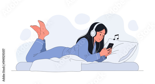 Young Woman Listening to Music on Phone in Bed, Relaxing Pajamas, Headphones